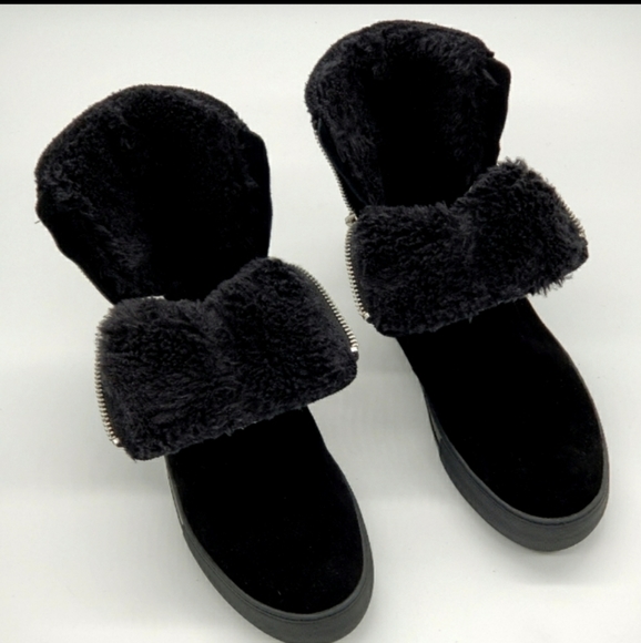 J/Slides Trulie Water Resistant Suede Platform Wedge Ankle Bootie with Faux Fur - Picture 13 of 13